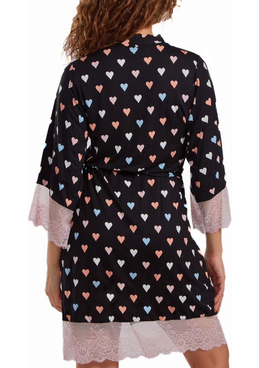 Harmony Modal Hearts Robe Trimmed in Contrast lace with Self Tie Sash