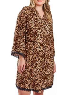 Reise Plus Leopard Robe with Self Tie Sash and Lace Trimmed Hemlines