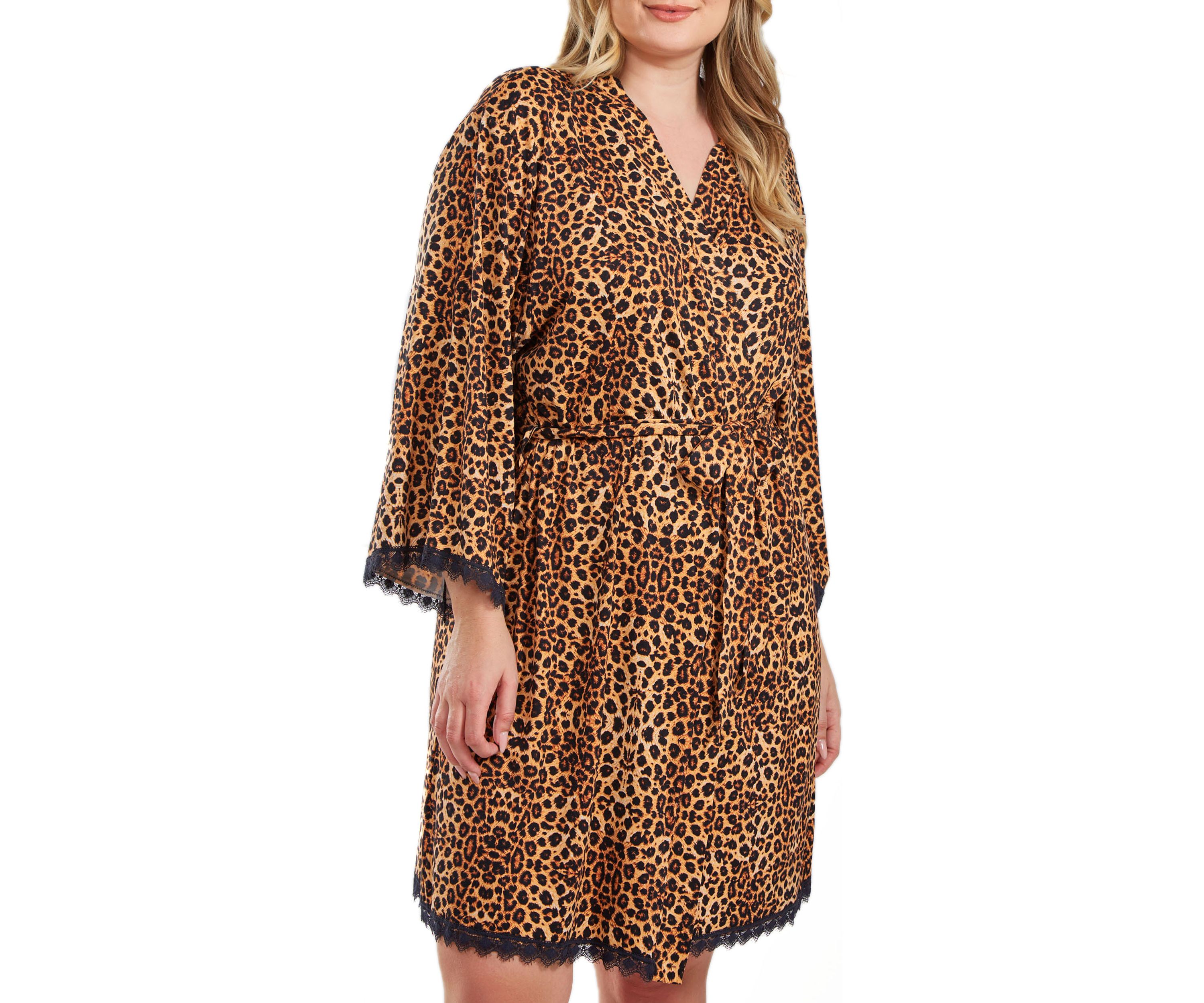 Reise Plus Size Leopard Robe with Self Tie Sash and Lace Trimmed Hemlines