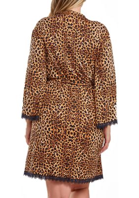 Reise Plus Leopard Robe with Self Tie Sash and Lace Trimmed Hemlines