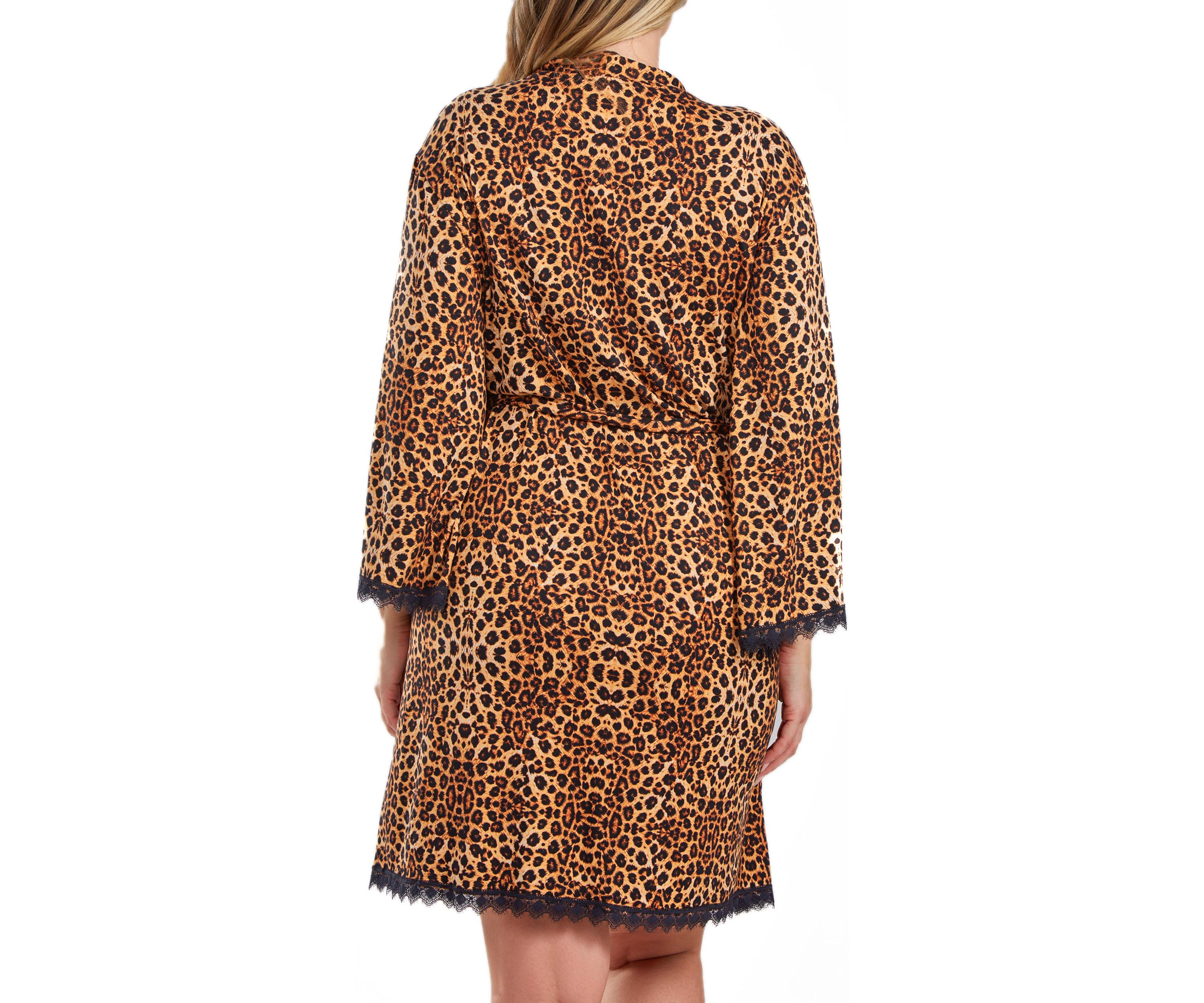 Reise Plus Size Leopard Robe with Self Tie Sash and Lace Trimmed Hemlines