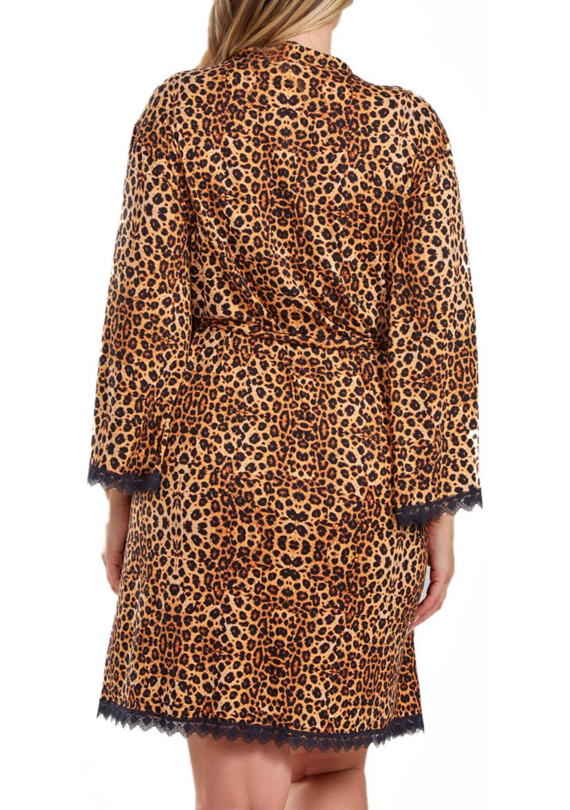 Reise Plus Size Leopard Robe with Self Tie Sash and Lace Trimmed Hemlines