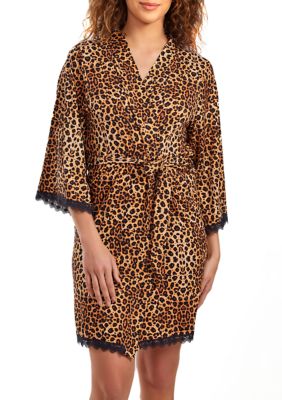 Reise Leopard Robe with Self Tie Sash and Lace Trimmed Hemlines