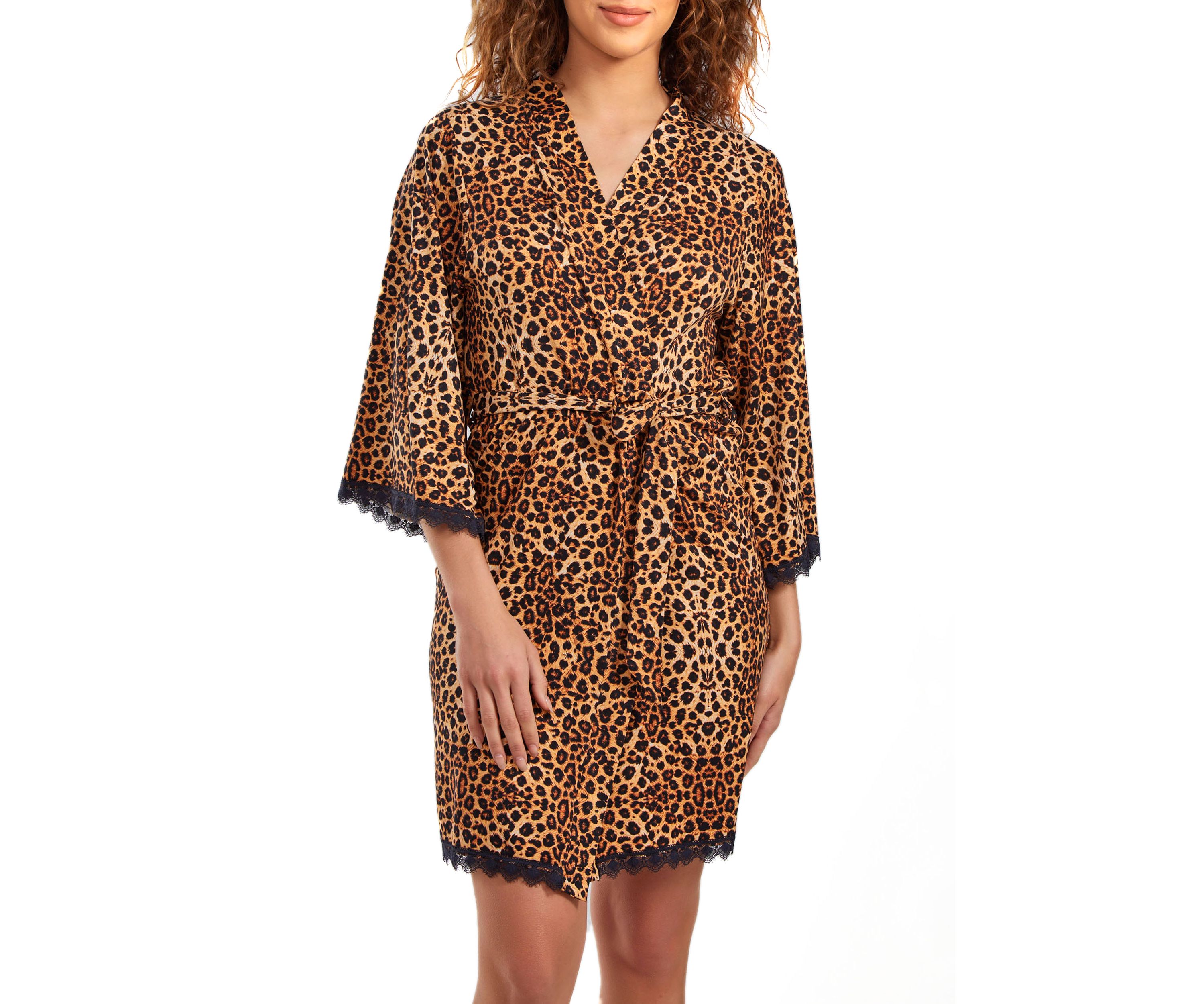 Reise Leopard Robe with Self Tie Sash and Lace Trimmed Hemlines