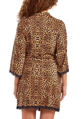 Reise Leopard Robe with Self Tie Sash and Lace Trimmed Hemlines