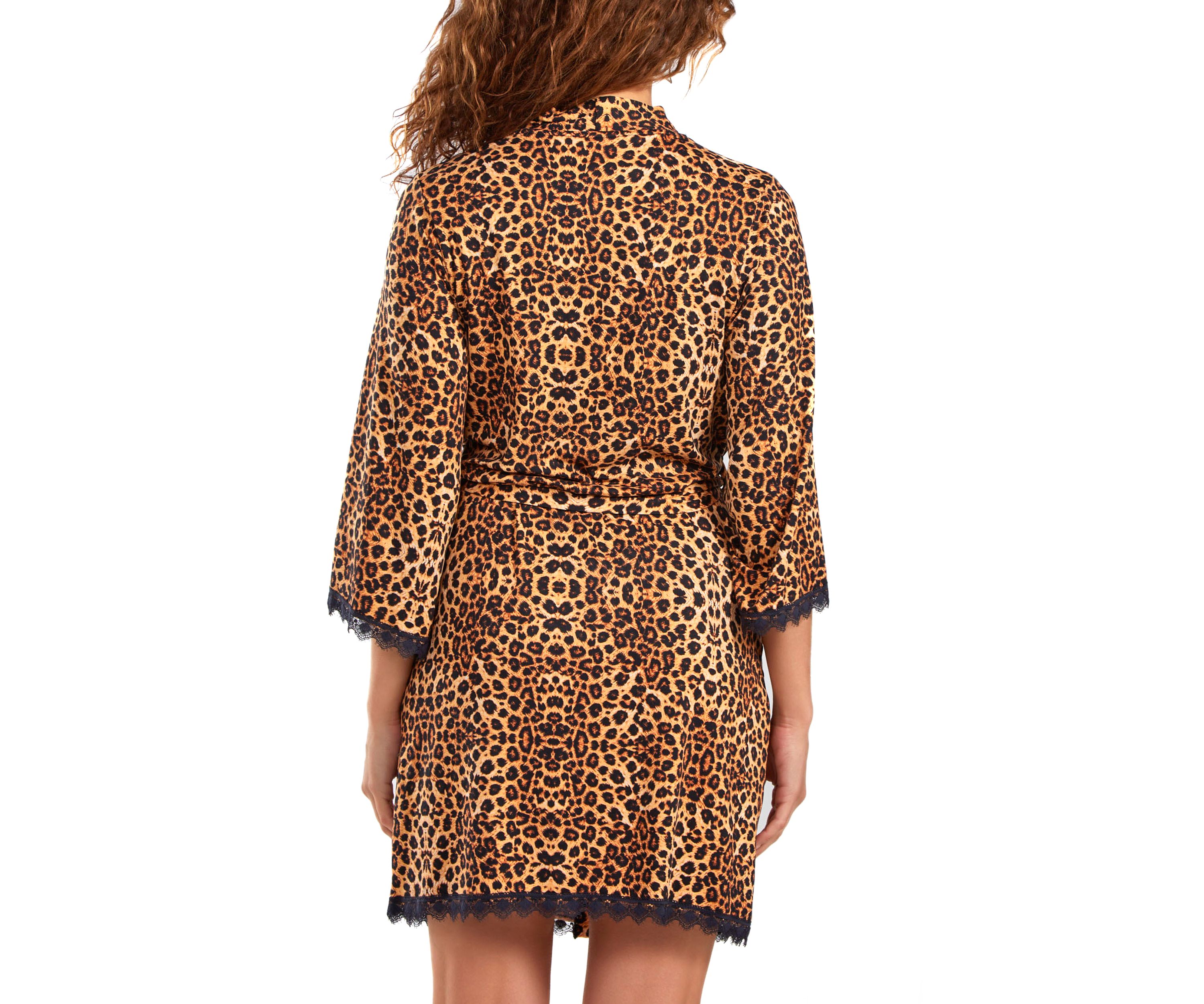 Reise Leopard Robe with Self Tie Sash and Lace Trimmed Hemlines