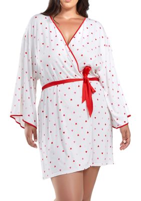 Lilly Plus Heart Print Robe with contrast self Tie Sash and Red Trim.