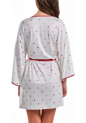 Lilly Heart Print Robe with contrast self Tie Sash and Red Trim.