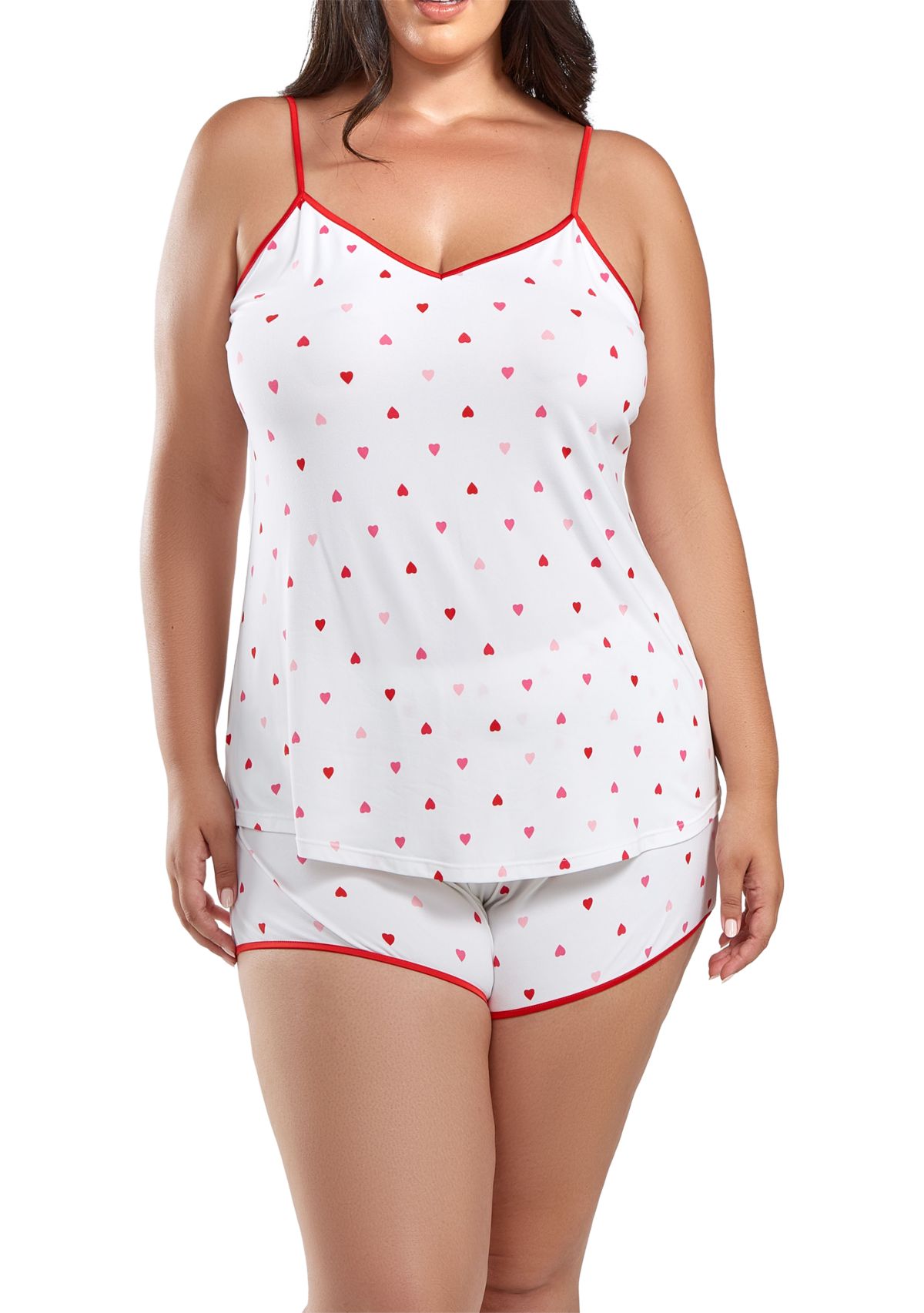 Lilly Plus Size Heart Printed PJ Short Set Trimmed in Red.