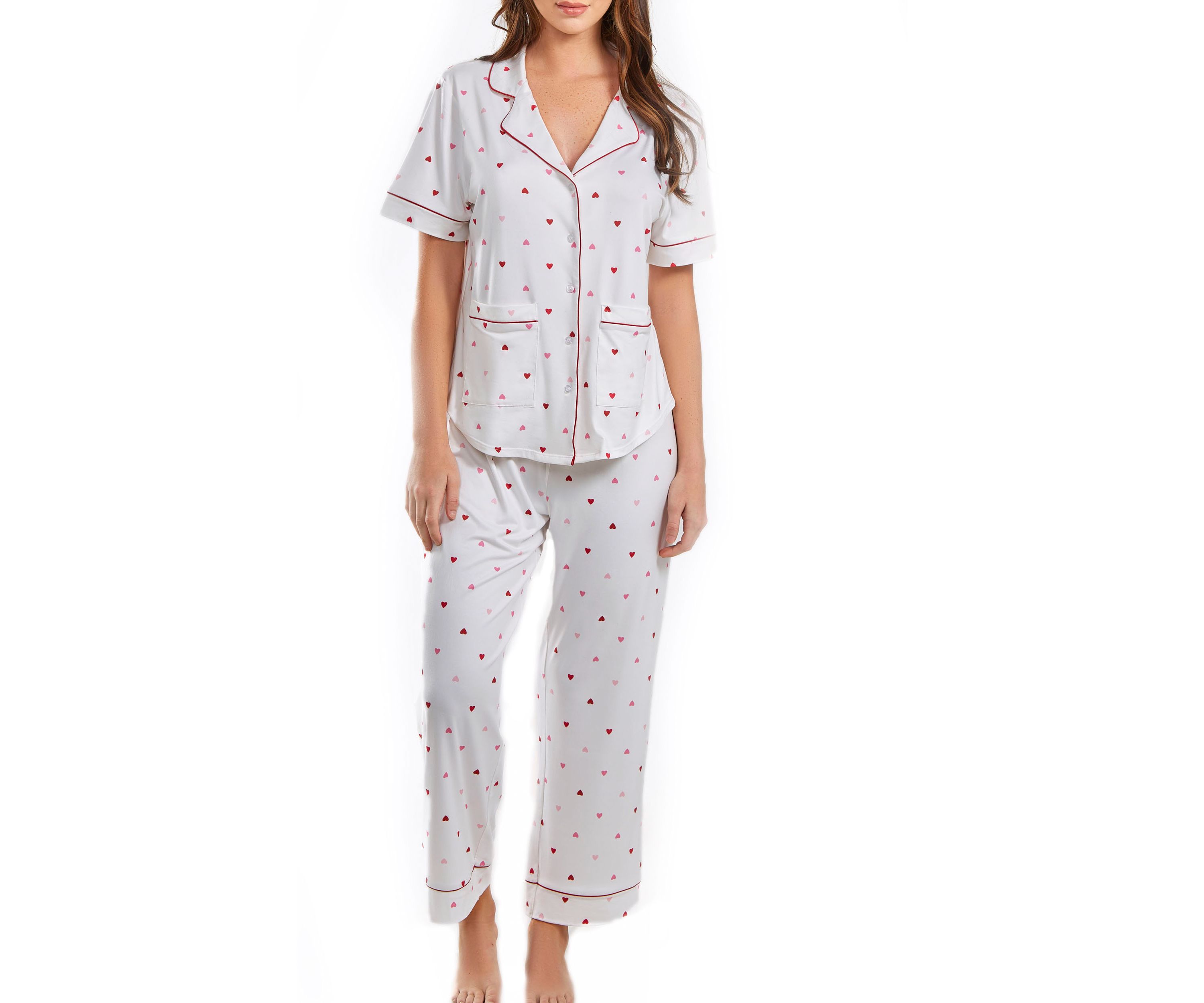 Lilly PJ heart Print Pant Set trimmed in Red with front pockets on a button down closure
