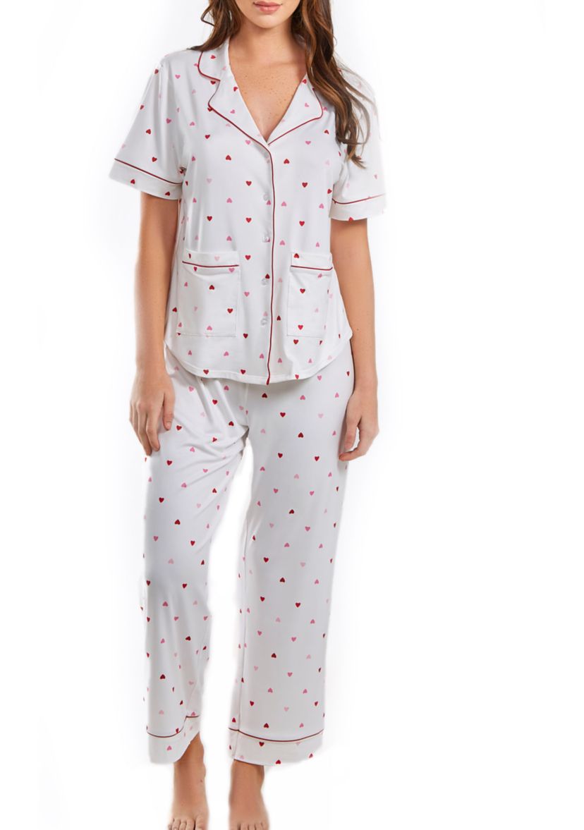 Lilly PJ heart Print Pant Set trimmed in Red with front pockets on a button down closure