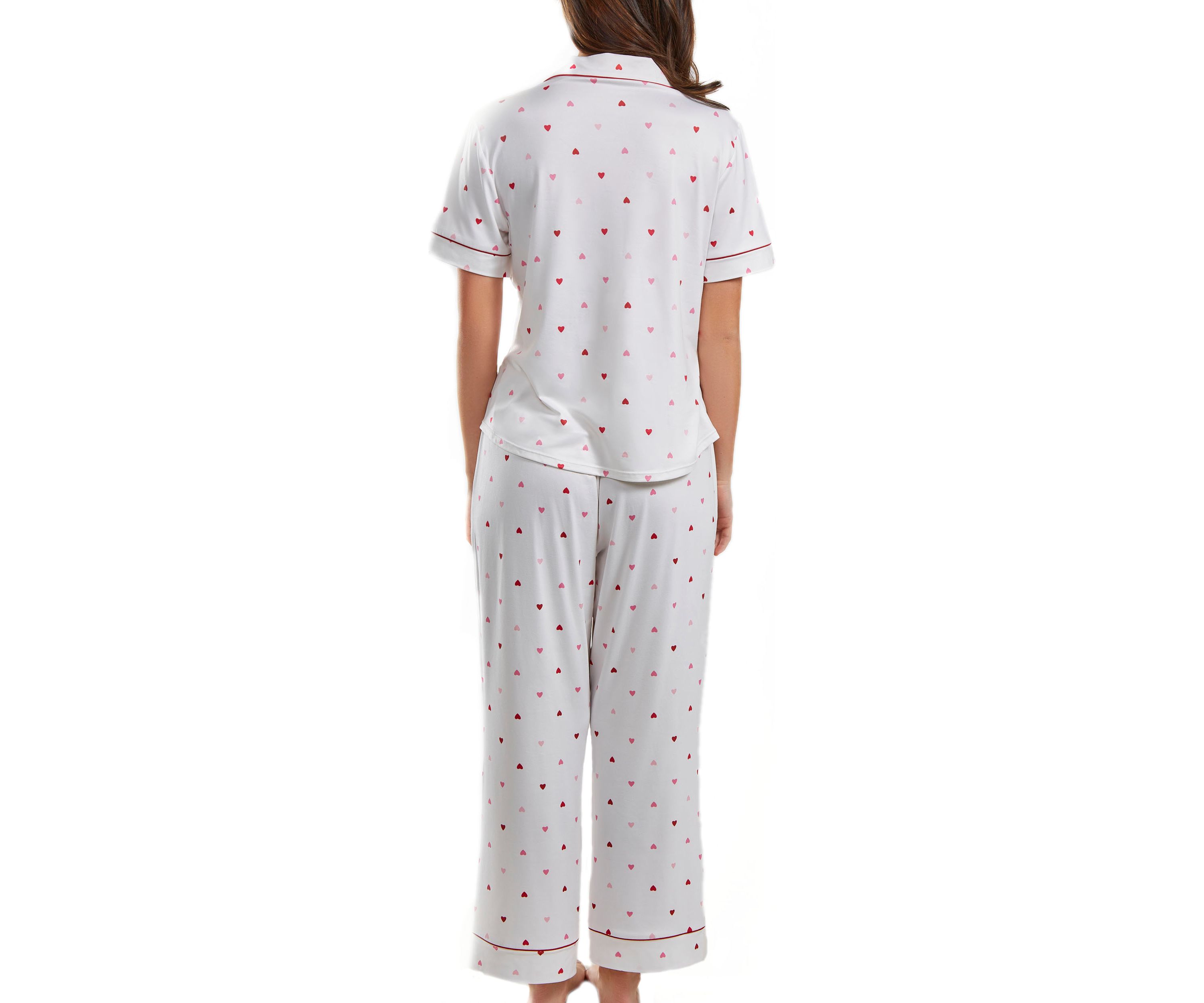 Lilly PJ heart Print Pant Set trimmed in Red with front pockets on a button down closure
