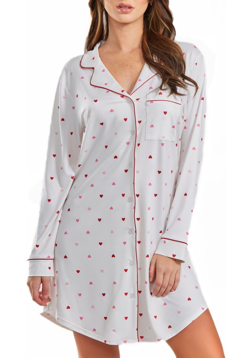 Lilly Plus Size Heart Print Button Down Sleep Shirt with Contrast Red Trim.