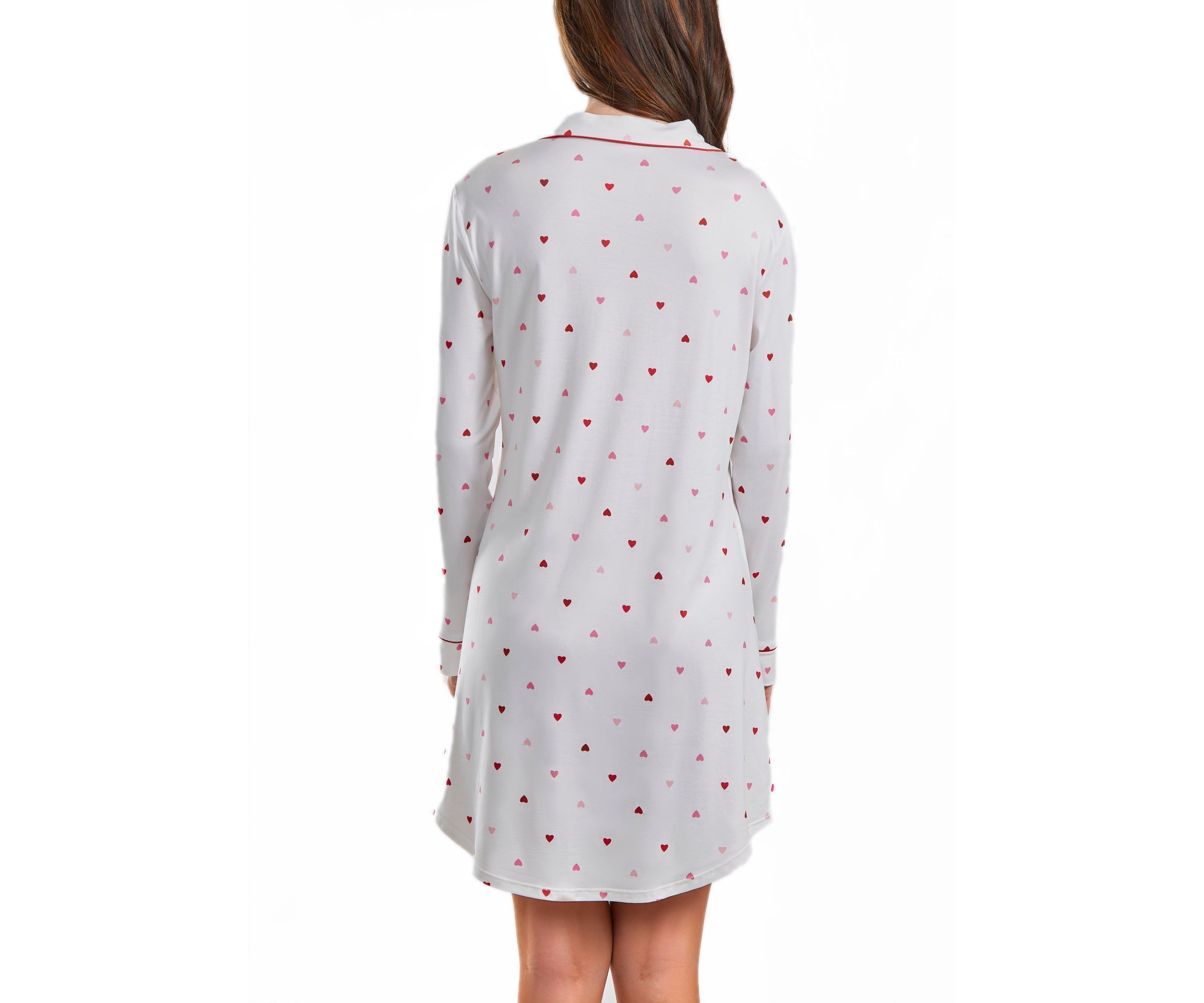 Lilly Plus Size Heart Print Button Down Sleep Shirt with Contrast Red Trim.