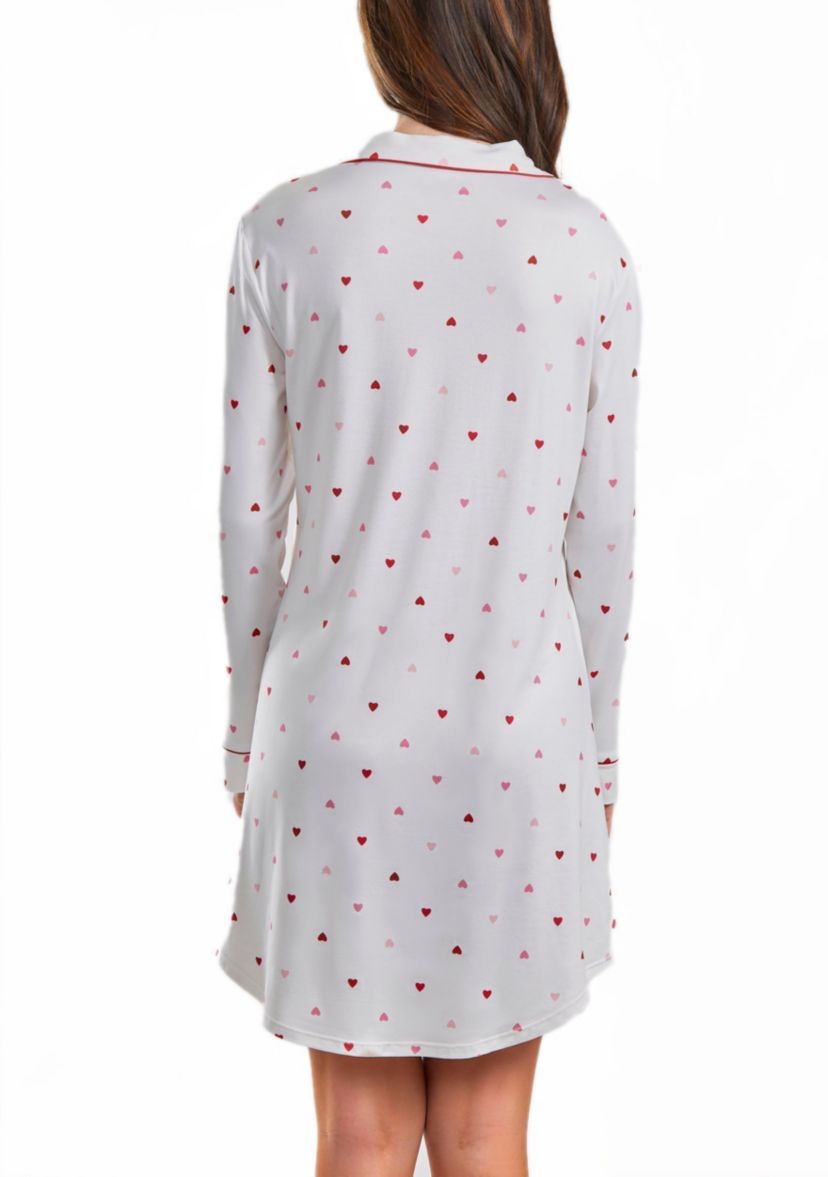 Lilly Plus Size Heart Print Button Down Sleep Shirt with Contrast Red Trim.