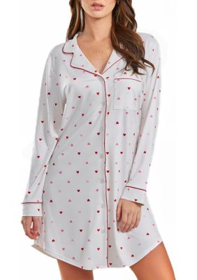 Lilly Heart Print Button Down Sleep Shirt with Contrast Red Trim.
