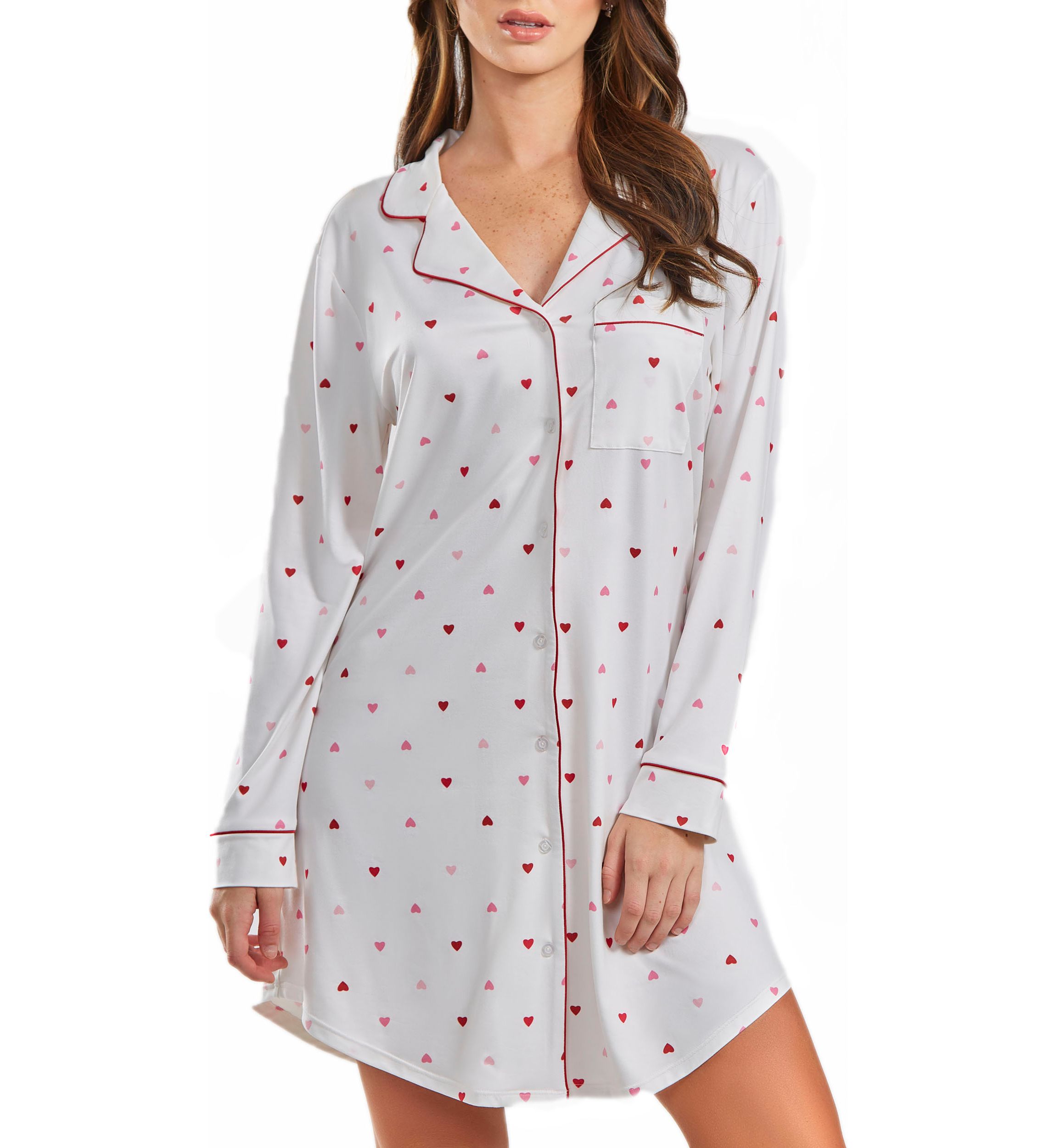 Lilly Heart Print Button Down Sleep Shirt with Contrast Red Trim.