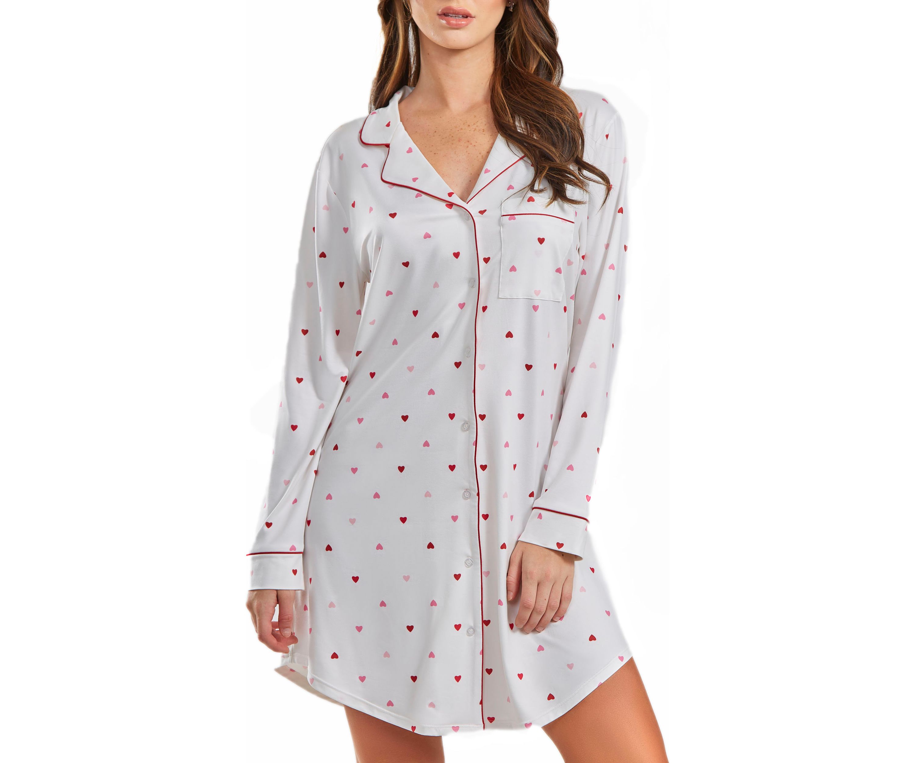 Lilly Heart Print Button Down Sleep Shirt with Contrast Red Trim.