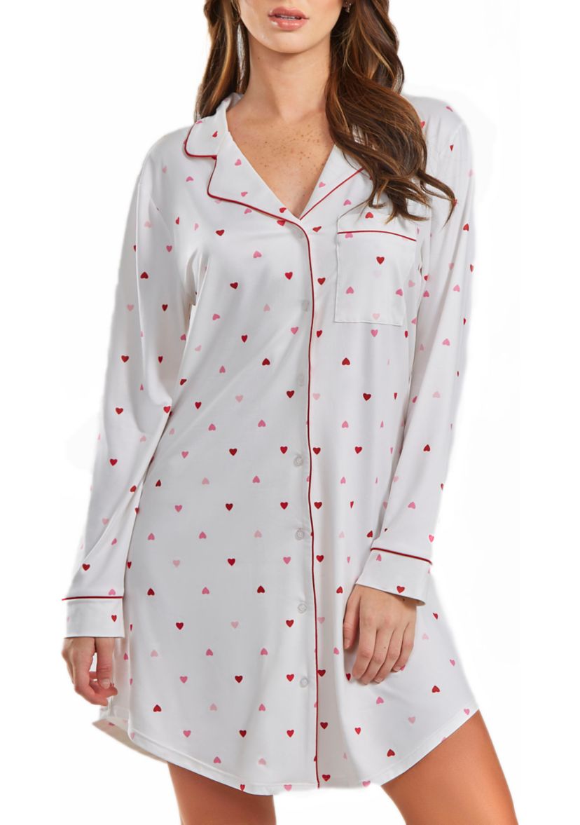 Lilly Heart Print Button Down Sleep Shirt with Contrast Red Trim.
