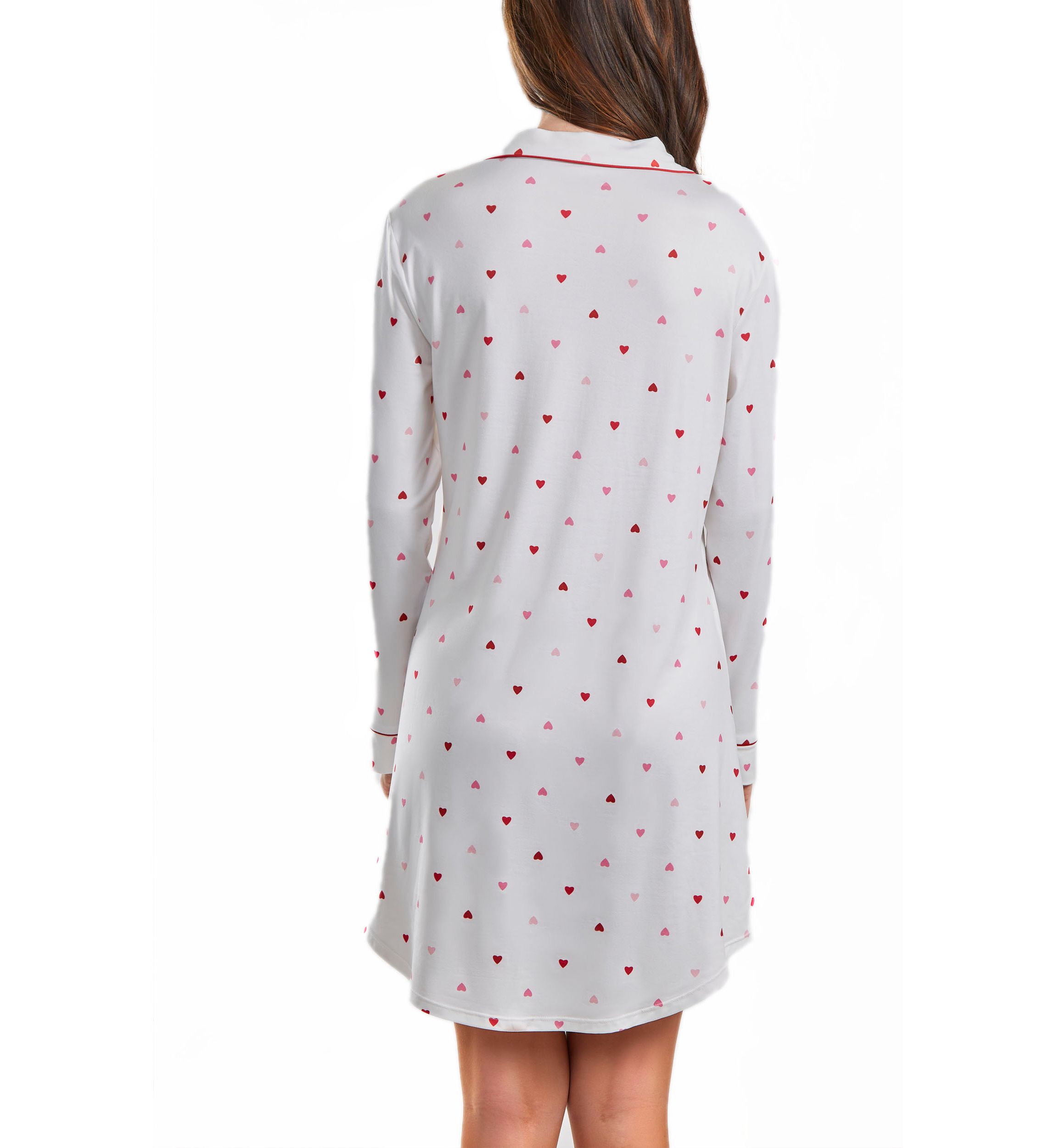 Lilly Heart Print Button Down Sleep Shirt with Contrast Red Trim.