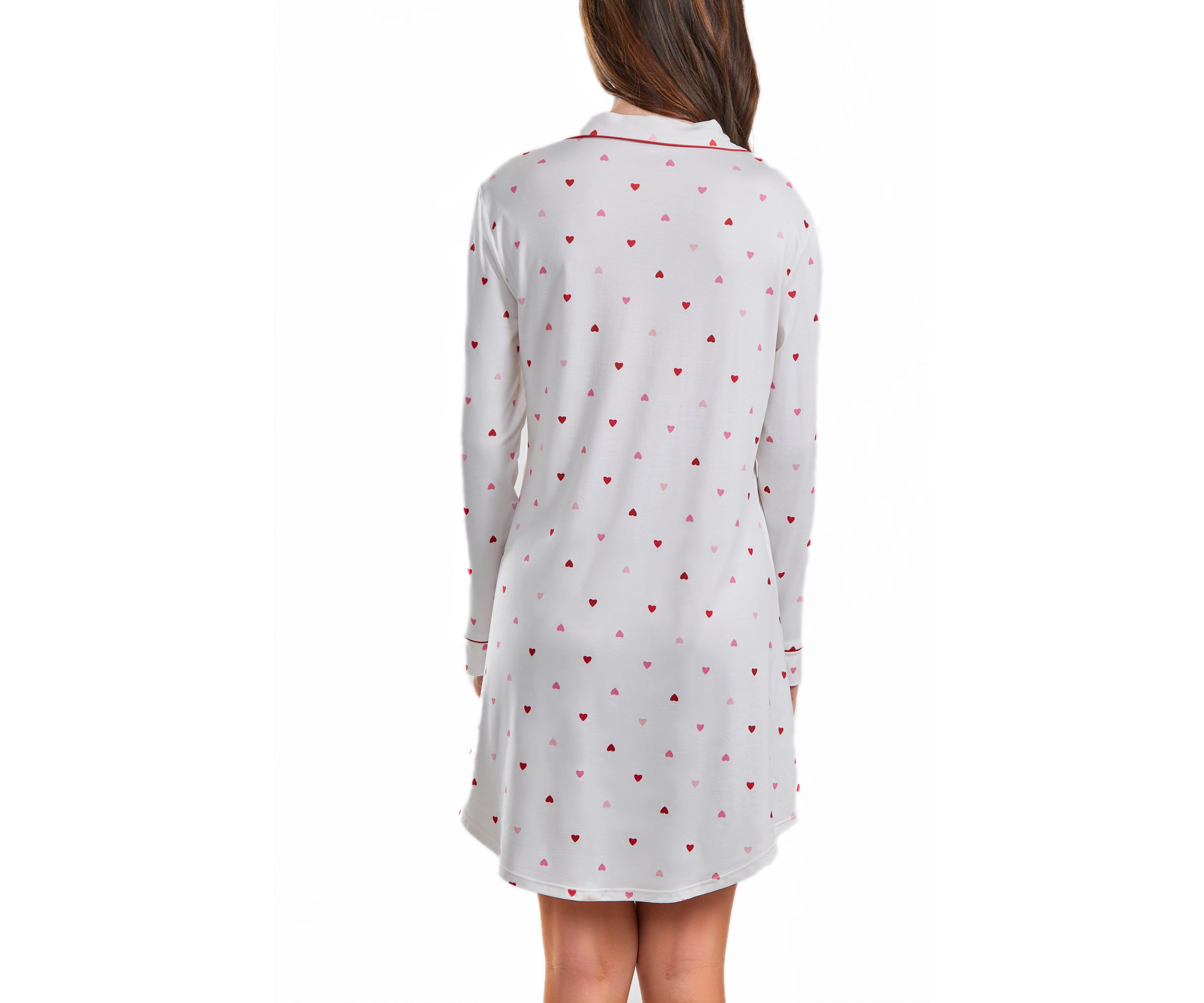 Lilly Heart Print Button Down Sleep Shirt with Contrast Red Trim.