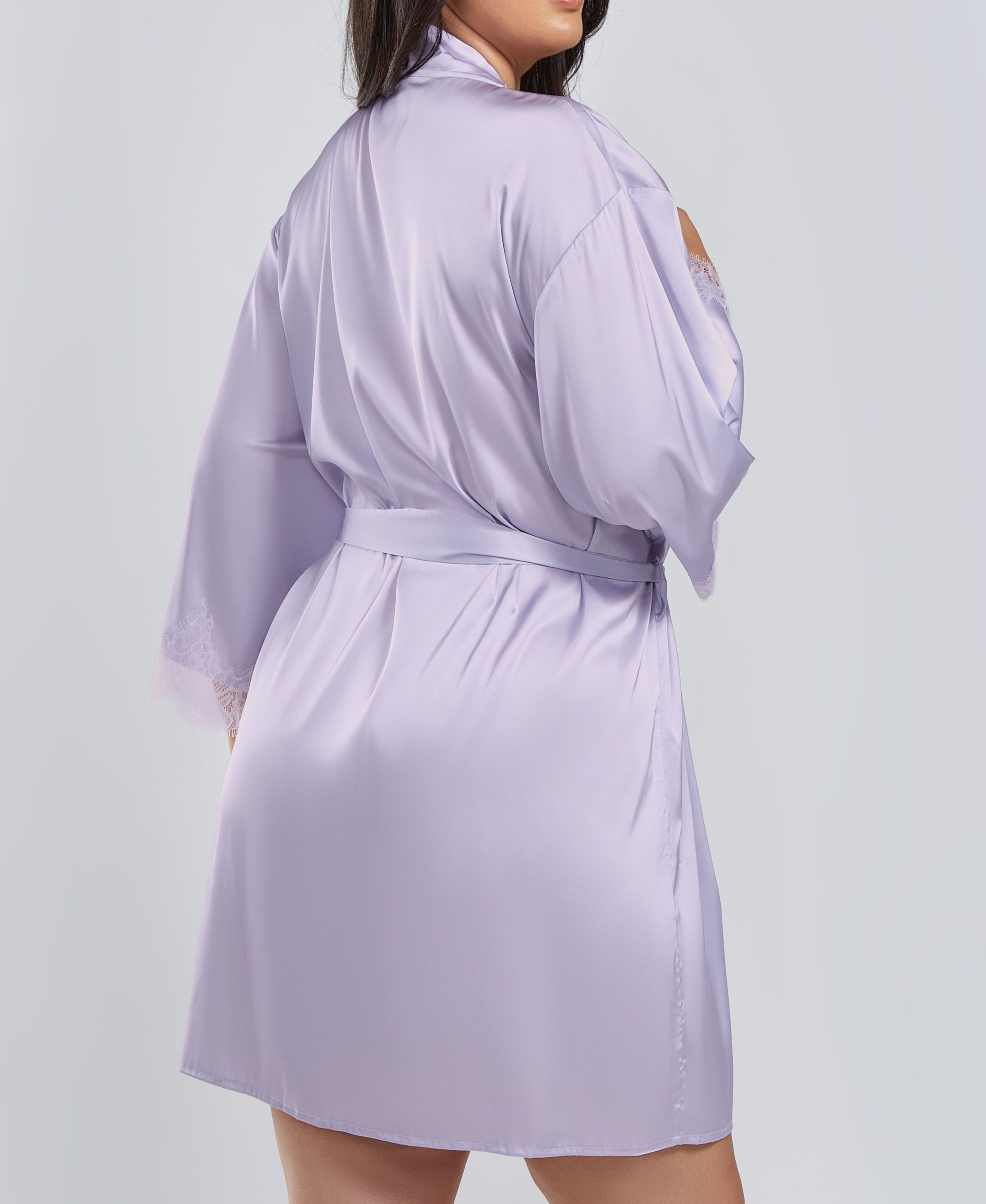 Jill Plus Size Satin Robe W/ Eyelash Lace Trim