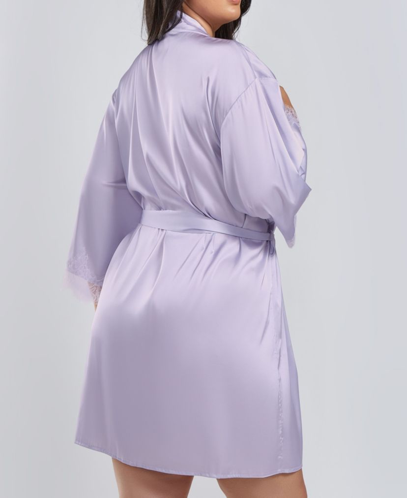 Jill Plus Size Satin Robe W/ Eyelash Lace Trim