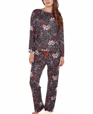 Women's iCollection Womans Ultra Soft Floral Print Top and Pant Pajama Set, Black, XL