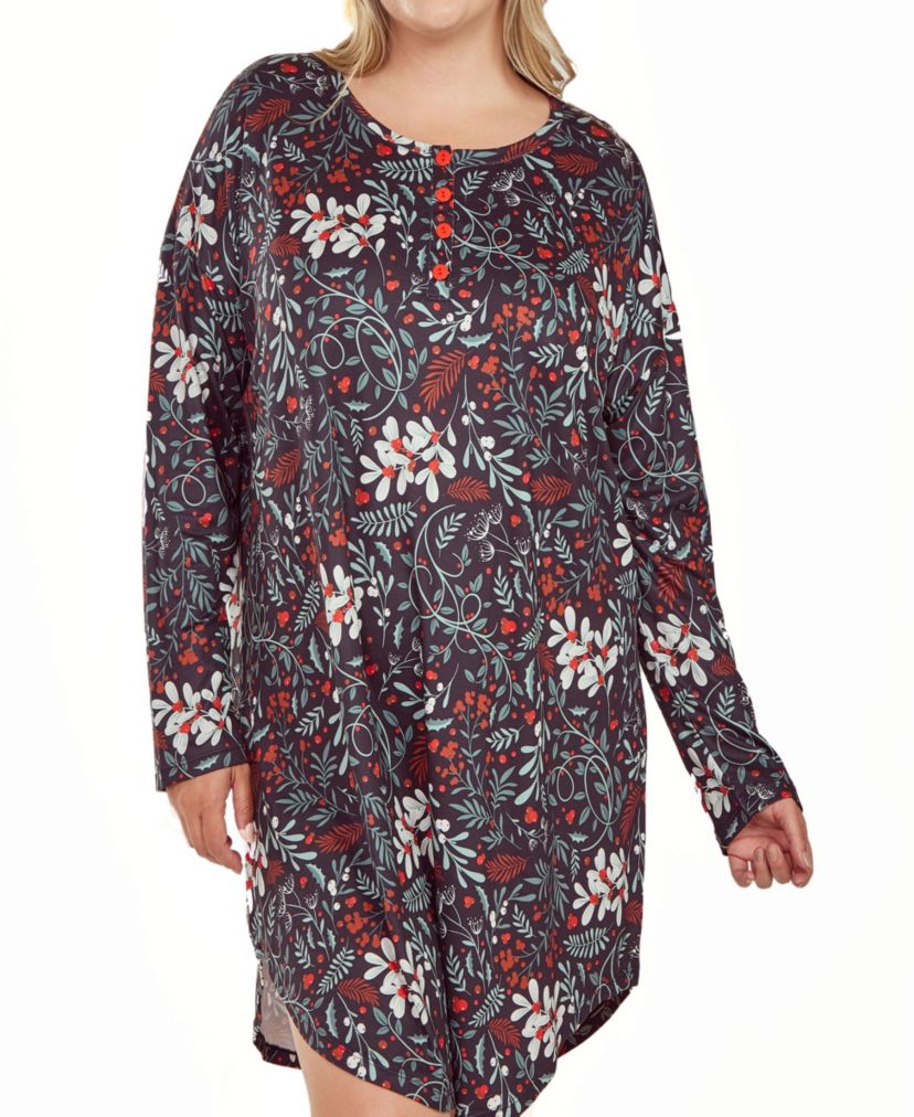 iCollection Plus Size Womans L/S Ultra Soft Floral Print Sleepshirt Nightgown