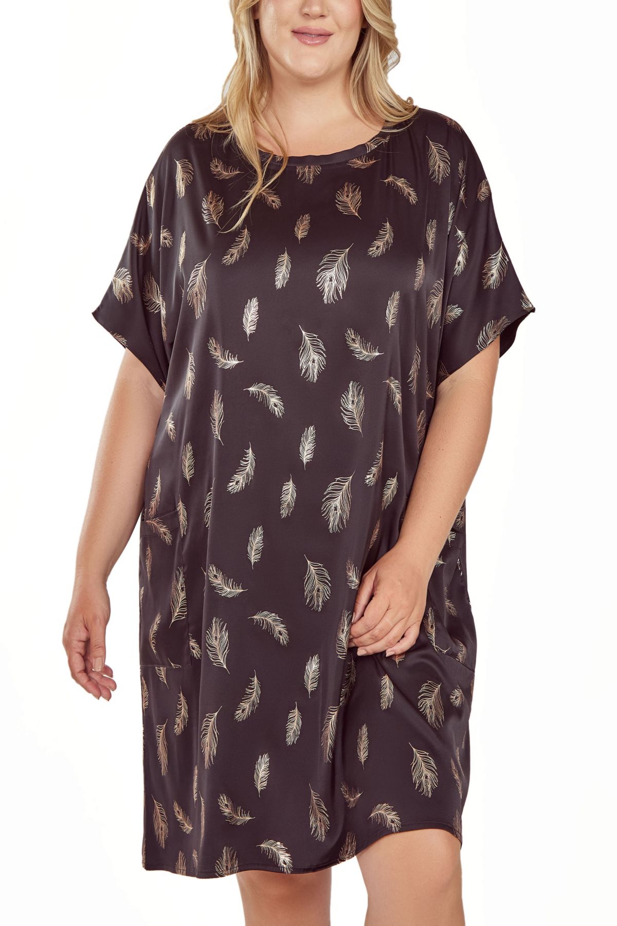 iCollections Plus Size Womans Silky Pocket Shift Sleepshirt Nightgownn Feather Print