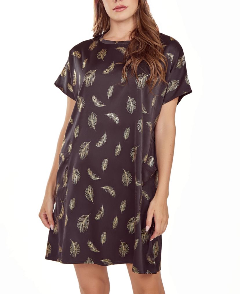 iCollections Womans Silky Pocket Shift Sleepshirt Nightgown in Feather Print