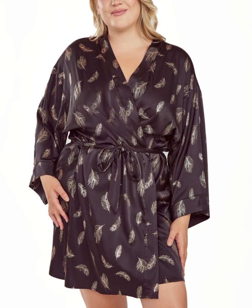 iCollections Plus Size Womans Silky Self Tie Robe in Feather Print