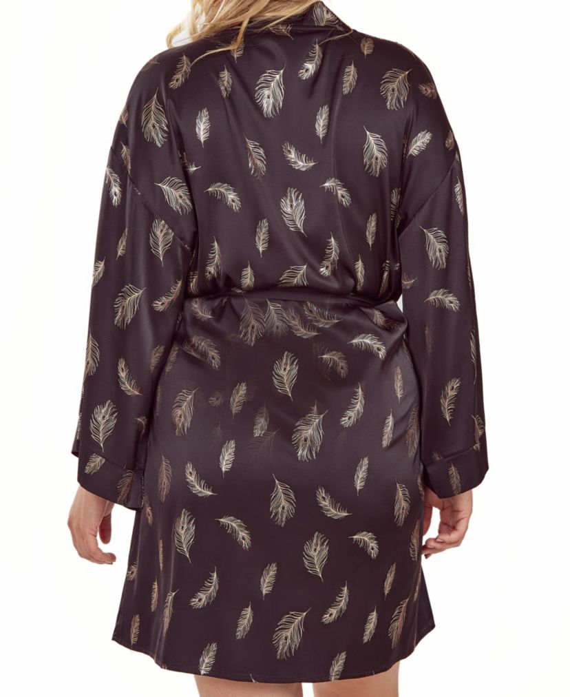iCollections Plus Size Womans Silky Self Tie Robe in Feather Print