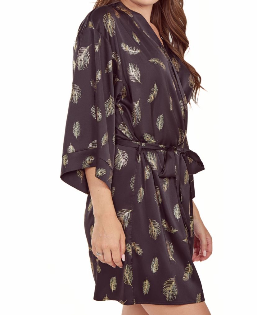 iCollections Plus Size Womans Silky Self Tie Robe in Feather Print