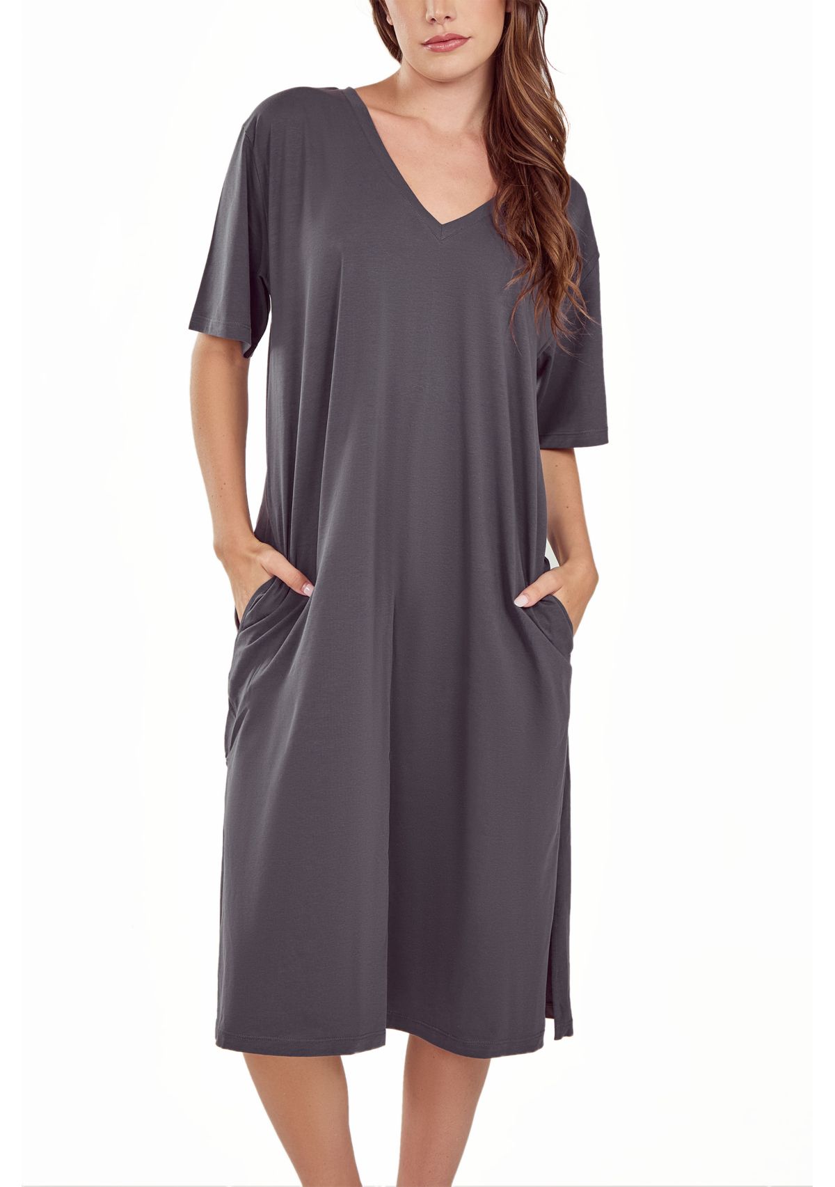 iCollection Womans Soft Knit S/S Night Gown Dress with Side Pockets.