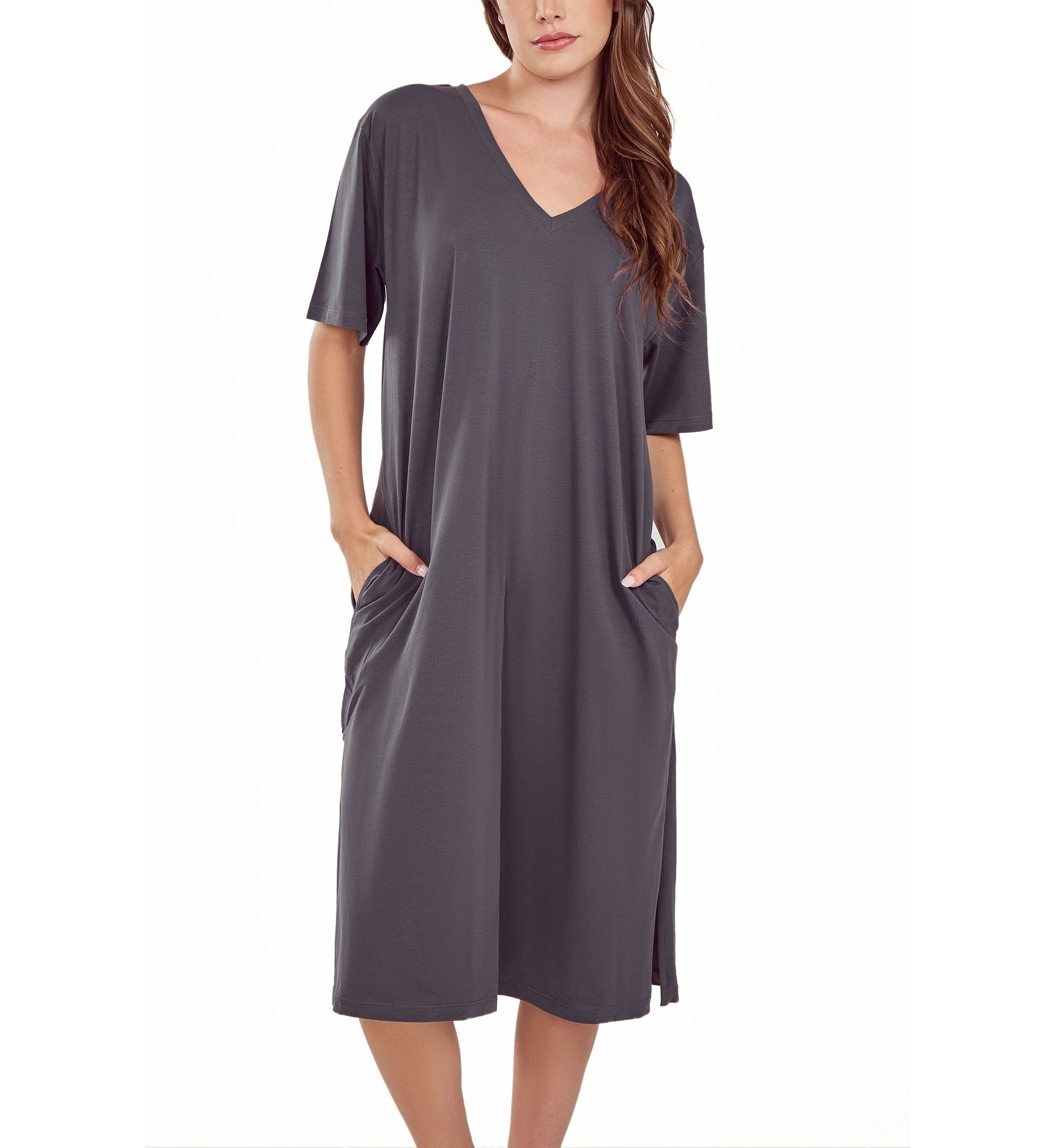 iCollection Womans Soft Knit S/S Night Gown Dress with Side Pockets.