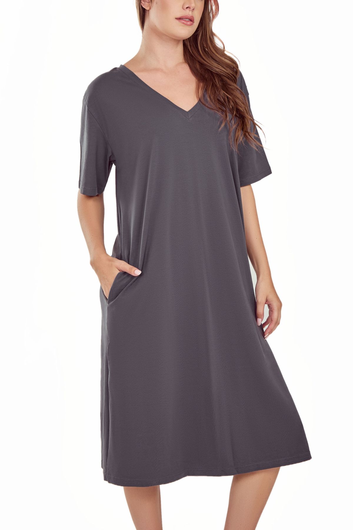iCollection Womans Soft Knit S/S Night Gown Dress with Side Pockets.