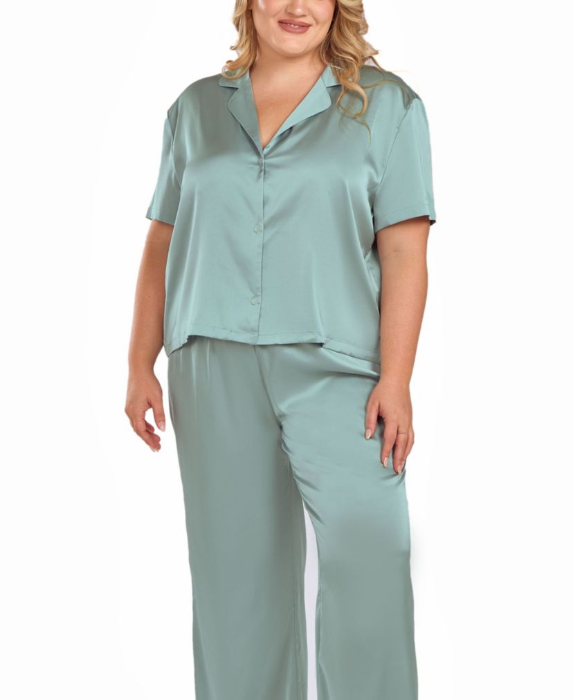 Womens Plus Size Satin Notch Shirt and Pant PJ Set
