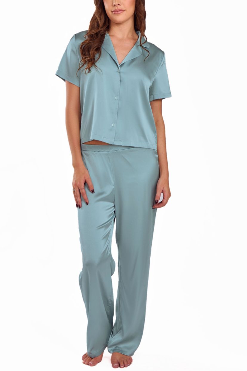 Womens Satin Notch Shirt and Pant PJ Set