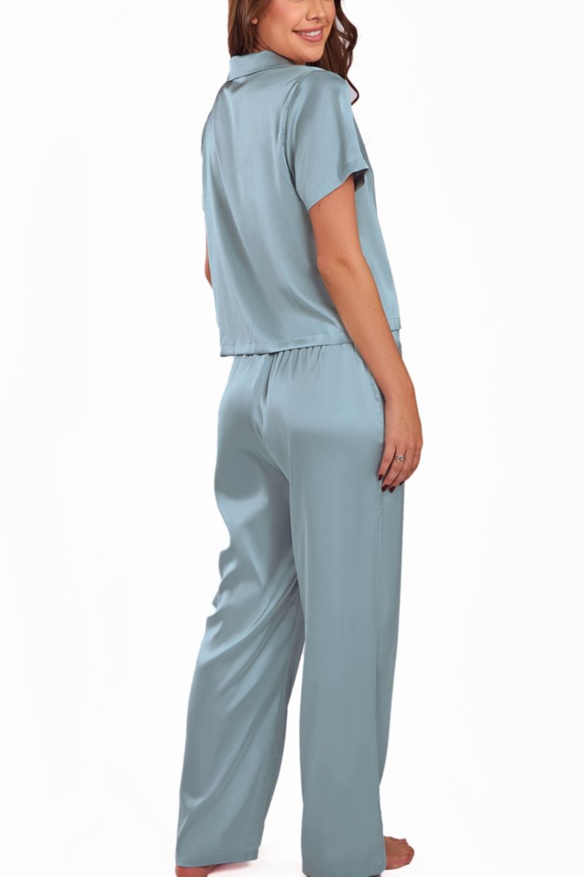 Womens Satin Notch Shirt and Pant PJ Set