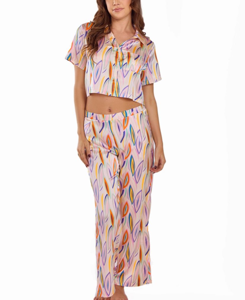 Womens Printed Copped Notch Pocket Shirt and PJ Pant Set