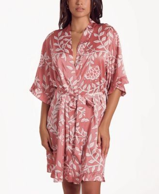 iCollection Women's Floral Stretch-Woven Long Sleeve Robe, Mauve, Large
