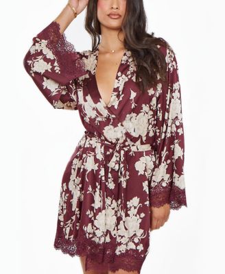 iCollection Women's Marley Floral Stretch Satin Lace Trimmed Belted Robe