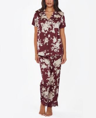 iCollection Women's Marley Floral Stretch Satin Lace-Trimmed Pajama Set