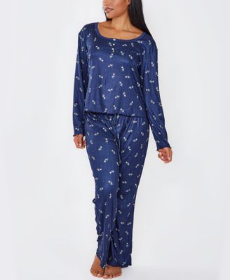 iCollection Women's Lily Plus Size Textured Floral Knit Pointelle PJ Set, Blue, 3XL