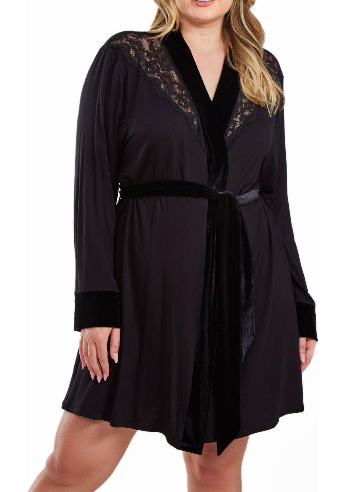 Estelle Plus Size Velour & Velvet Lace Trimmed Self Tie Robe