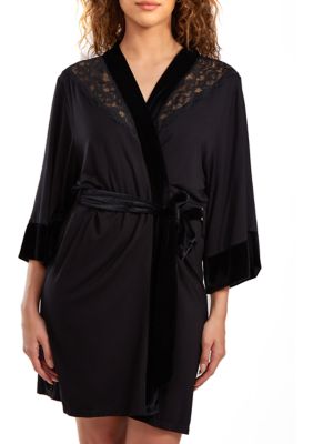 Icollection Women's Estelle Velour & Velvet Lace Trimmed Self Tie Robe