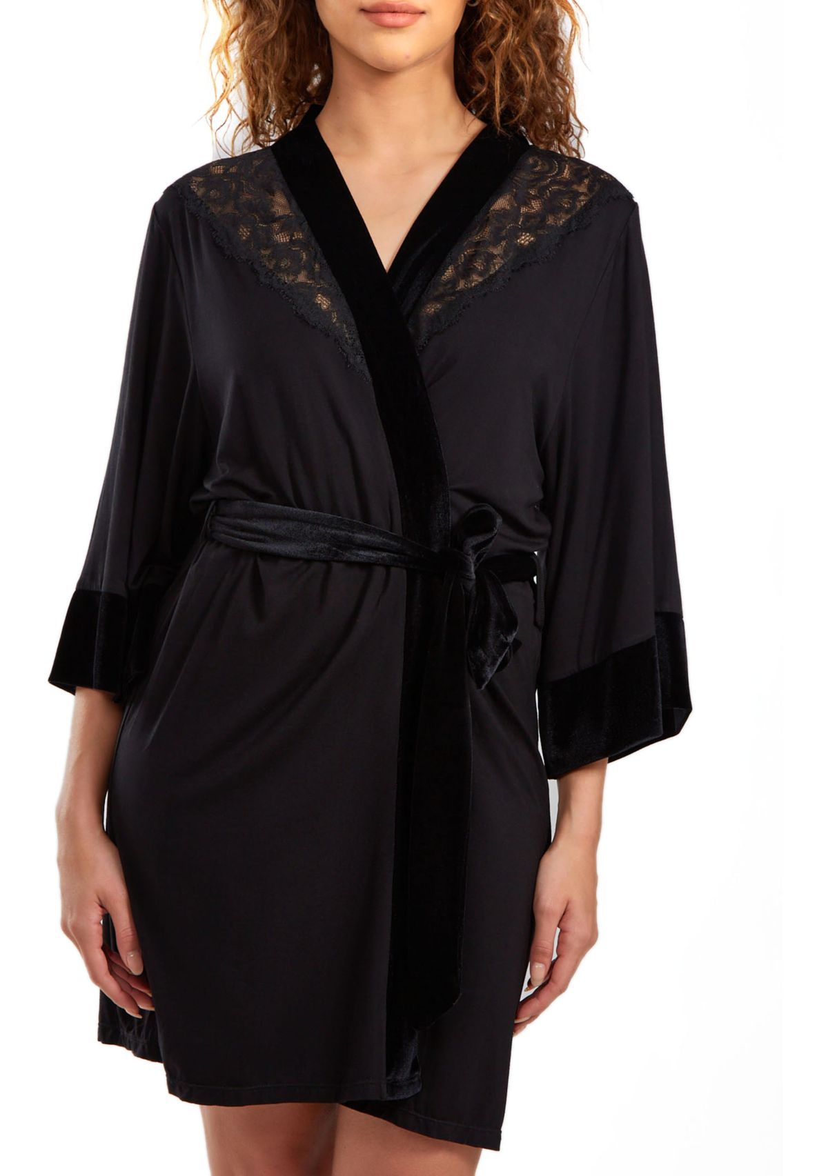 Estelle Velour & Velvet Lace Trimmed Self Tie Robe
