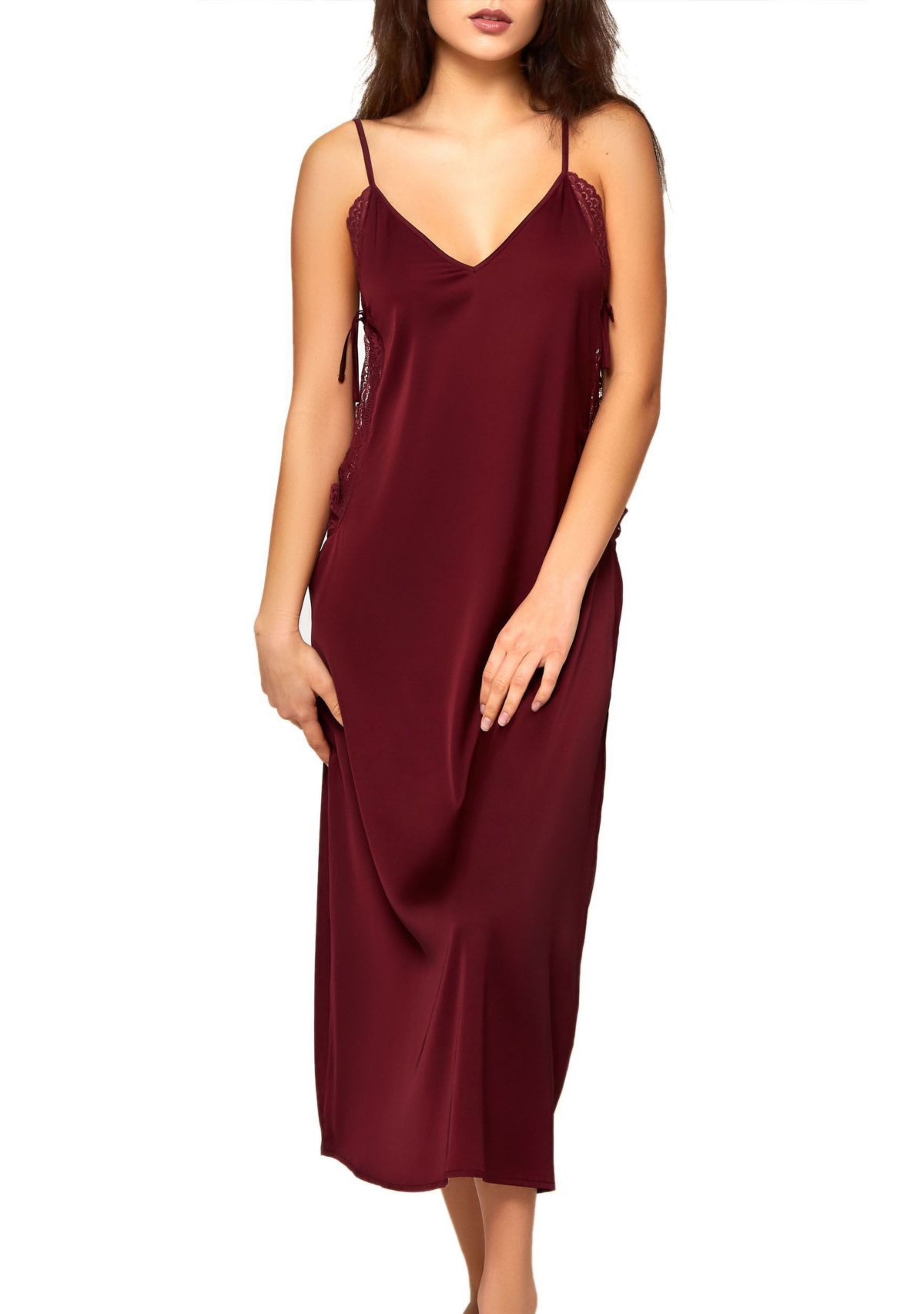 Gwendolyn Stretch Satin Midi Gown with Side Lace Up Ties and Soft Lace Trimming at the Arm with Adjustable Straps. Pairs with Matching Midi Robe.