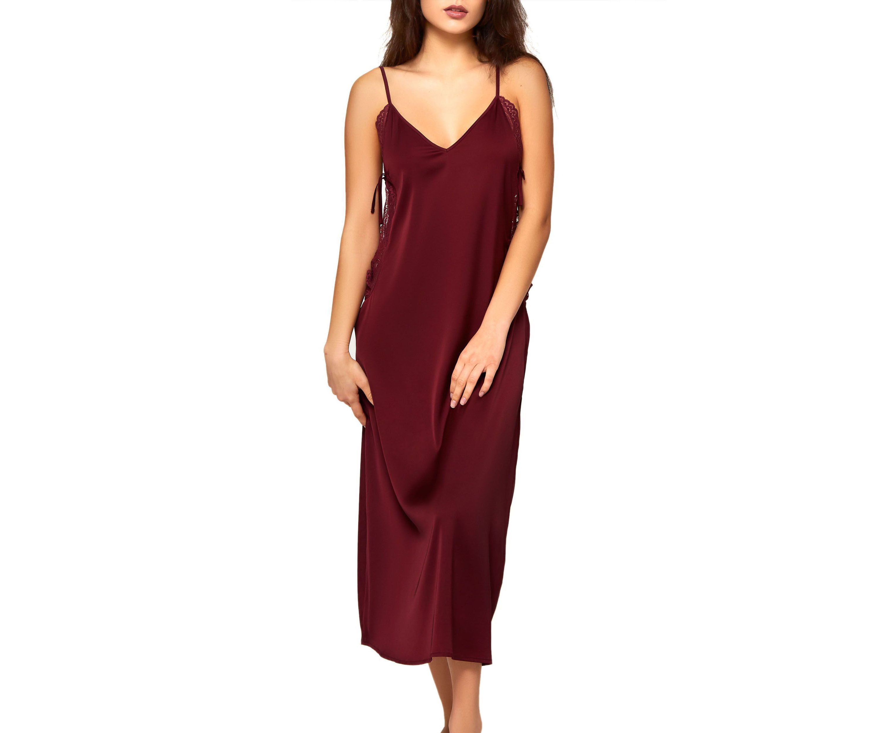 Gwendolyn Stretch Satin Midi Gown with Side Lace Up Ties and Soft Lace Trimming at the Arm with Adjustable Straps. Pairs with Matching Midi Robe.